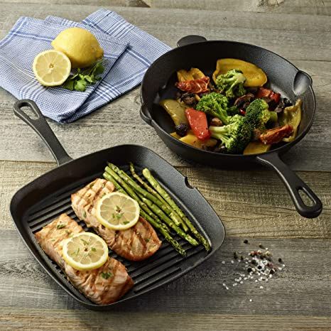 Cuisinart Pre-Seasoned Cast Iron 9.25" Square Grill and 10" Round Fry Pan (2 Pack), Black Lodge Cast Iron Grill, Korean Grill, Cast Iron Grill Pan, Seasoning Cast Iron, Cast Iron Griddle, Lodge Cast Iron, Cast Iron Grill, Grill Plate, Cast Iron Cooking