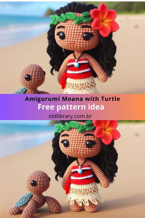 Create an Amigurumi Moana with Turtle! This charming crochet pattern includes Moana with tropical details and an adorable turtle companion. Moana Amigurumi Free Pattern, Crochet Moana Doll Pattern Free, Pascal Tangled Crochet Pattern Free, Amigurumi Stuffed Animals, Valentine Free Crochet Pattern, Free Home Crochet Patterns, Moana Crochet Pattern Free, Dobby Crochet Pattern, Arugami Crochet Pattern Free