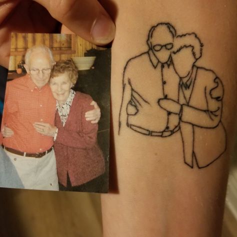 Tattoo Of Grandparents In Memory Of, One Line Portrait Tattoo, Grandma And Grandad Tattoos, Tattoo For My Grandparents, Great Grandparents Tattoo, Great Grandparent Tattoos, Tattoos For Great Grandparents, Tattoos For Past Grandparents, 4 Grandparents Tattoo