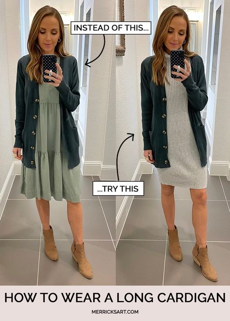 Trendy Tuesday: Long Cardigan Outfits - Merrick's Art Duster Cardigan With Dress, Cardigans And Dresses, Summer Dresses With Cardigans, Cardigans Over Dresses, Coat Cardigan Outfit, Cardigan Over Turtleneck, Dress Outfits With Cardigan, Dress With Jacket Outfit Casual, Dresses With Long Cardigans