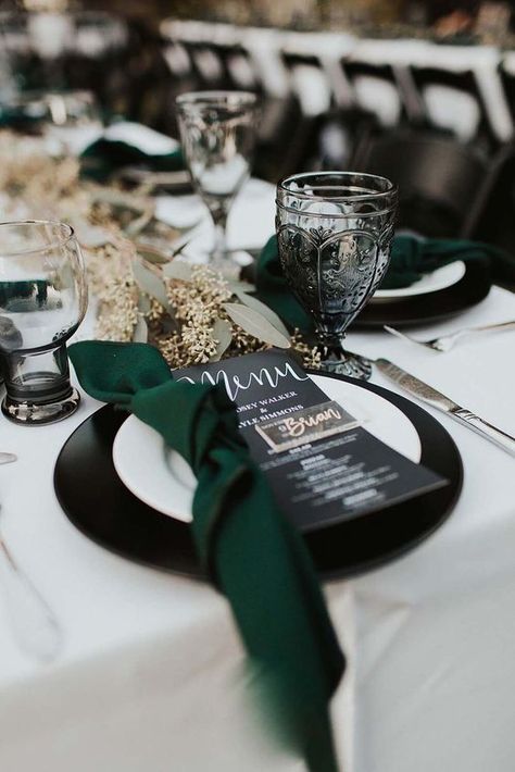 Black, Hunter Green and White Wedding Color Ideas 2024, Hunter Green Bridesmaid Dresses and Wedding Shoes - ColorsBridesmaid Black Green And Gold Wedding Wedding Table Decor, Dark Green Wedding Accents, Black Green Table Setting, Emerald Green And Gold Table Setting, Dark Green And Sage Green Wedding, Black Green Wedding Decor, Green And Black Table Setting, Emerald Green And Gold Table Decor, Emerald Green Wedding Table Decor