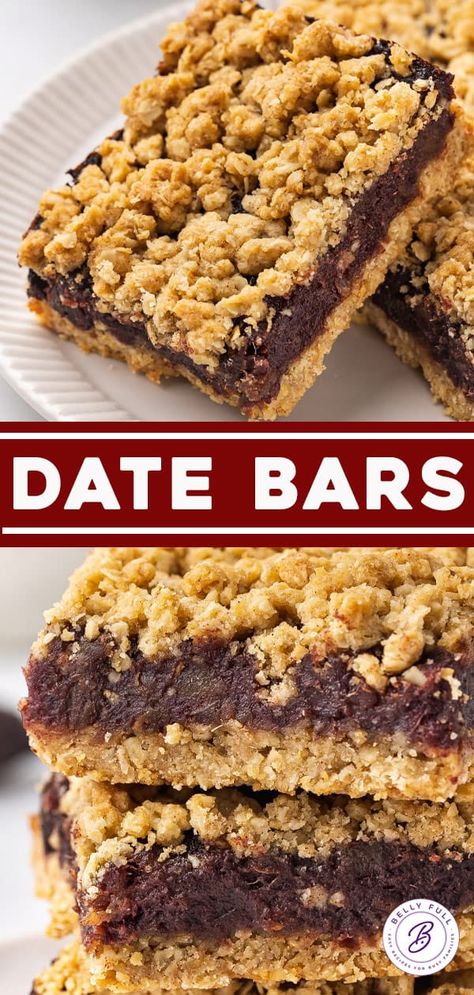 Date Bars Recipe - Belly Full Date Bars Recipe Squares, Apple Date Bars, Dessert Using Dates, Fresh Dates Recipe, Date Squares Old Fashioned, Healthy Desserts With Dates, Date Bars Recipe Healthy, Dates Dessert Recipes, Date Cookies Recipes