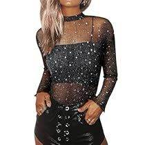 Sheer Sparkly Top, Glitter Outfit Party, Glitter Mesh Top, Rave Shirts, Glitter Outfit, Sparkly Outfits, Sheer Long Sleeve Top, Sheer Mesh Top, Knotted Blouse