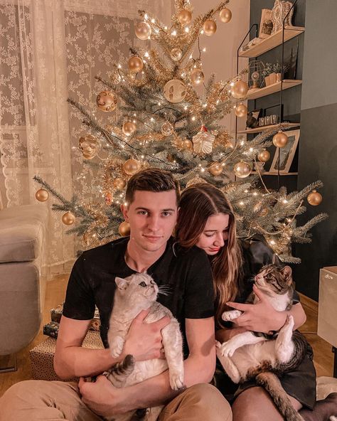 Cat Family Christmas Cards, Christmas Card Photos With Cat, New Pet Announcement Cat, Christmas Card Ideas With Cats, Christmas Cards Photo Ideas Couple, Funny Cat Christmas Cards Family Photos, Couple Christmas Pictures With Cat, Family Christmas Pictures With Cat, In House Christmas Photoshoot