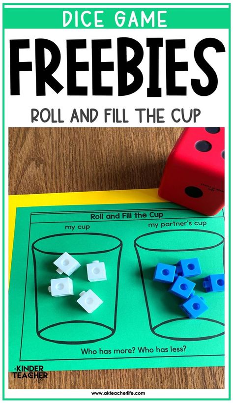 Race To Fill The Cup Math Game, Numbers Before And After Activities, Kindergarten Summer Activities, Math Stations Kindergarten, Dice Math Games, Kindergarten First Week, Fall Kindergarten Activities, Games For Kindergarten, Math Centres