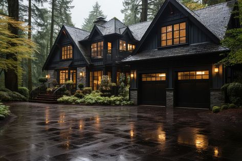 Darker exteriors, such as deep grays, navy blues, and even black, are gaining popularity. These colors can add a touch of modernity and sophistication to the architectural design. Black Painted Brick House Exterior, Black And Stone House Exterior, Dark Stone Exterior Houses, Navy Exterior House, Black Painted House, Black Houses Exterior, Dark Brick House Exterior, Dark Blue Exterior House Colors, Navy House Exterior