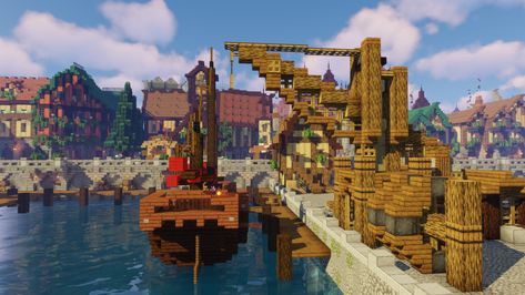 Minecraft medieval docks including a crane and city in the background Minecraft Medieval City Ideas, Minecraft Medieval Dock Ideas, Minecraft Dock Crane, Minecraft Docks Ideas, Docks Minecraft, Minecraft Docks Medieval, Minecraft Shipping Dock, Minecraft Building Ideas Fishing Dock, Minecraft Medieval Boat Dock