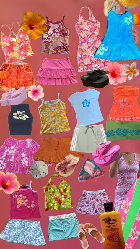 #surfergirl #hibiscus #y2k #clothes #outfits #outfit #clothing #fashion Tropical Inspo Outfit, Surfer Inspired Outfits, Tropical Outfits For School, Hawaiian Fits Aesthetic, Tropical Themed Outfit, Aloha Aesthetic Outfit, Preppy Outfits Y2k, Hawaiian Clothes Aesthetic, Hawaiian Beach Party Outfit