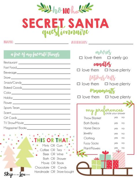 Secret Santa questionnaire Secret Santa Questionnaire For Coworkers Free Printable, Printable Secret Santa Questionnaire, Secret Santa Questions, Secret Santa Templates, Secret Santa Form, Secret Santa List, Santa Questionnaire, Work Secret Santa, Secret Santa Questionnaire