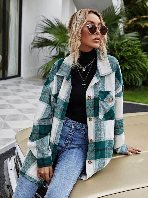 Plaid Button Front Oversized Overshirt | SHEIN ASIA Outfits Con Camisa, Blue Shirt Women, Satin Shirts, Streetwear Fall, Streetwear Jackets, Oversized Button Down Shirt, Thick Coat, Shirt Streetwear, Flannel Women