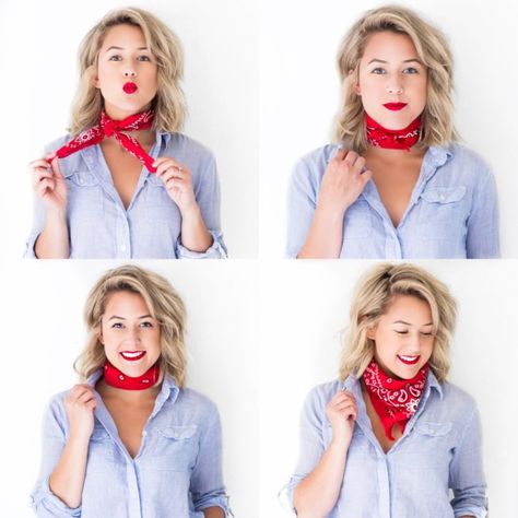 4 Ways to Tie a Neck Scarf Tie A Neck Scarf, Neck Scarf Outfit, How To Tie Bandana, Bandana Neck Scarf, Bandana Outfit, Sunday Clothes, Neck Scarf Tying, Wear A Scarf, Scarf Trends