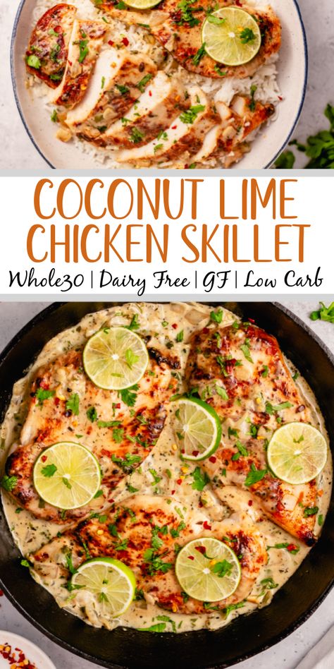 This Whole30 coconut lime chicken skillet is a gluten free, dairy free, and paleo chicken recipe that is made all in one pan! The creamy coconut sauce and chicken breasts are perfectly seasoned with lime, onion, cilantro and garlic. It all comes together in about 30 minutes, and is great for an easy Whole30 dinner that's family friendly, or a healthy meal prep recipe for lunches during the week. #coconutchicken #whole30chicken #whole30skillet #onepanmeal Whole30 Dinner, Coconut Lime Chicken, Dairy Free Recipes Dinner, Dairy Free Low Carb, Whole30 Dinner Recipes, Whole 30 Meal Plan, Easy Whole 30 Recipes, Chicken Skillet, Whole30 Dinners