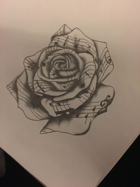 Music Rose Tattoo Design, Music Rose Tattoo, Shotgun Tattoo, Skull And Rose Drawing, Small Thigh Tattoos, Drawing Pics, Music Notes Tattoo, Rose Drawing Tattoo, Flower Thigh Tattoos