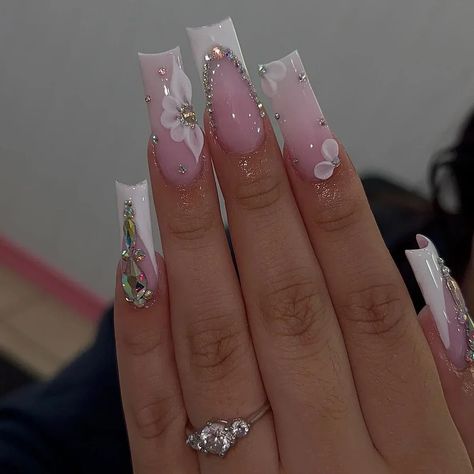 24pcs White False Nails Long Ballet with French Design Flower Rhinestones Wearable Fake Nails Full