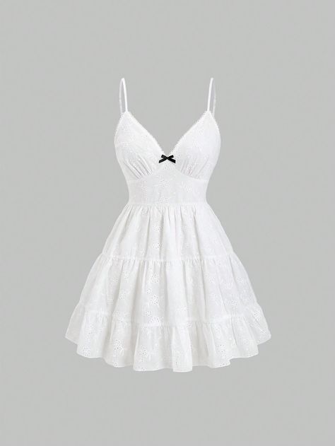 Women's Summer Floral Burnout Embroidery Bow Decorated Short Cami Dress White Casual  Sleeveless Woven Fabric Plain Cami Non-Stretch  Women Clothing, size features are:Bust: ,Length: ,Sleeve Length: White Short Dress Outfit, Short Floral Dress, Dress Shorts Outfit, Embroidery Bow, Floral Dresses Short, White Short Dress, Short Dresses Casual, Cute Summer Dresses, Dress For Short Women