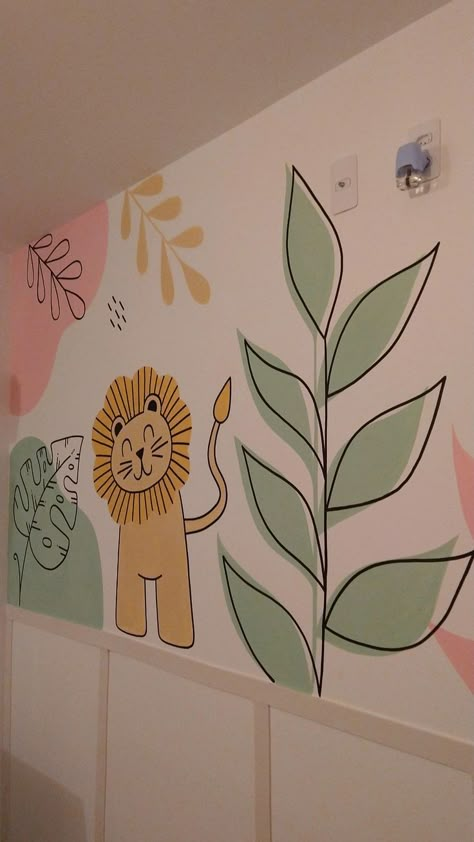 Nursery Mural Simple, Wall Painting Ideas Nursery, Easy Nursery Paint Ideas, Painting Ideas For Nursery, Nursery Accent Wall Paint, Corner Painting Ideas Wall, Hand Painted Wall Designs, Nursery Murals Painted, Wall Painting Nursery