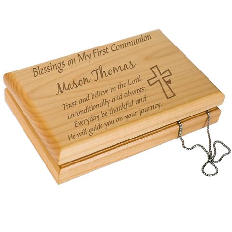 PRICES MAY VARY. Size -- This hinged box measures 7½" x 4¾" x 1½", the perfect size for sitting atop any dresser or table Material -- Handmade of natural cherry wood Specs -- When opened, the inside has felt lined compartments and hidden solid brass hinges. A Great Personalized First Communion Gift -- We will engrave this keepsake box with any name, making for a truly unique way to celebrate their Holy Communion Touching Religious Sentiment -- Inscription reads: Trust and believe in the Lord, Un Communion Gifts For Boys, Catholic Communion, Natural Cherry Wood, Rosary Boxes, Necklace With Cross, Prayer Box, First Communion Gifts, Rosary Beads Catholic, Communion Gifts