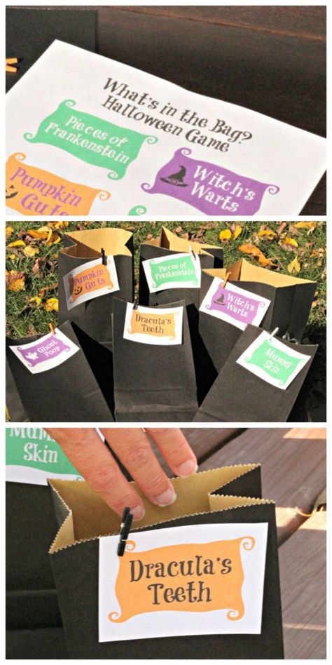 Create these EASY Mystery Touch & Feel boxes or bags for your Halloween party this year!  FREE printable creepy labels along with a great list of non-edible items to put in the box -- great for kids, tweens and teens! Halloween Creepy Touch And Feel, Creepy Touch And Feel Boxes, Halloween Mystery Bags, Halloween Mystery Touch And Feel Game, Halloween Touch And Feel Boxes, Mystery Box Ideas For Kids, Halloween Touch And Feel Game, Halloween Mystery Box Ideas, Mystery Box For Kids