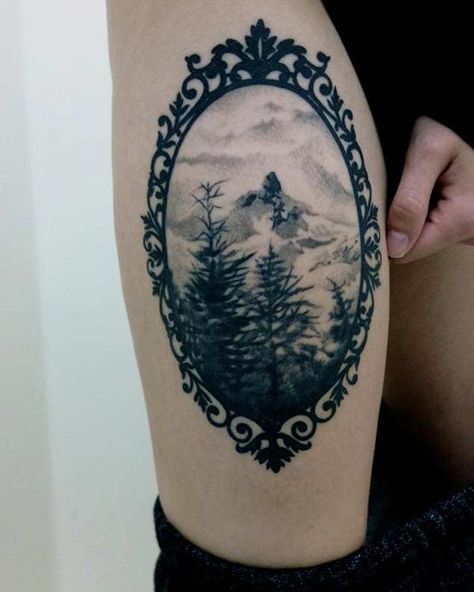 Majestic and magical. Definitely what a forest tattoo IS and SHOULD BE. Backpiece Tattoo, Mother Nature Tattoos, Framed Tattoo, Forest Tattoos, Tattoo Zeichnungen, Landscape Tattoo, Geniale Tattoos, Thigh Tattoos Women, Mountain Tattoo