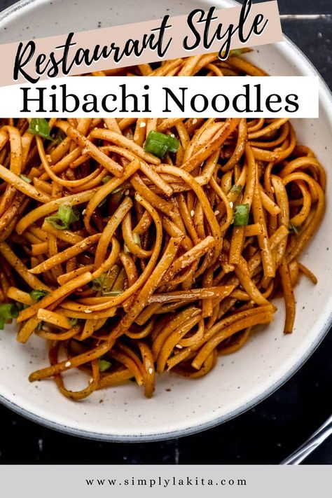 Hibachi Noodles is a restaurant favorite made with buttery noodles, garlic, soy sauce, oyster sauce, and Worcestershire sauce. The perfect balance of Asian flavors in once delicious side dish. Pair it with your favorite hibachi protein and vegetables for a filling dinner. simplylakita.com #hibachinoodles Hibachi Noodle Recipe, Hibachi Rice Noodles, Hibachi Chicken And Noodles, Hibachi Dinner At Home, Easy Habatchi At Home, Hibachi Recipes Noodles, Easy Hibachi Noodles, Diy Hibachi, Blackstone Hacks