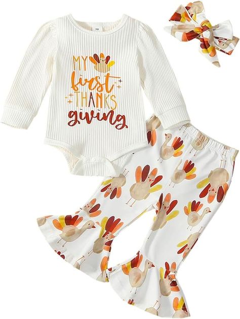 wybzd Baby Girl Outfit Infant Rib Ruffle Long Sleeve Romper Onesie Top Bell-Bottom Denim Pants Sets Cute Clothes Girls Thanksgiving Outfit, Thanksgiving Onesie, 1st Thanksgiving, My First Thanksgiving, Thanksgiving Baby Outfits, Thanksgiving Clothes