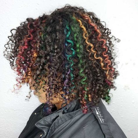 Brown Rainbow Hair, Rainbow Highlights, Brown Rainbow, Curly Color, Dyed Curly Hair, Highlights Curly Hair, Under 100 Calories, Rainbow Hair Color, Colored Curly Hair