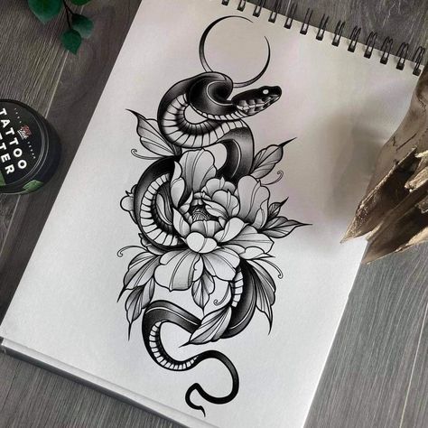 Snake Flower Cover Up Tattoo, Snake And Flowers Tattoo Design, Flower And Snake Tattoo, Snake And Peony Tattoo, Flower Snake Tattoo, Snake And Flower Tattoo, Snake Flower Tattoo, Snake And Rose Tattoo, Snake And Flowers Tattoo