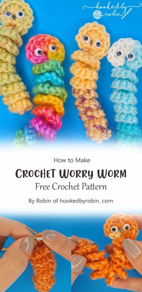 Crocheted Worry Worms Pattern, How To Crochet Worry Worms, Free Crochet Worm Pattern, How To Make A Worry Worm, Free Worry Worm Crochet Pattern, Worry Worm Pattern Free, Crochet Worry Worm Pattern, Knitted Worry Worm Pattern, Crochet Worry Worms Free Pattern