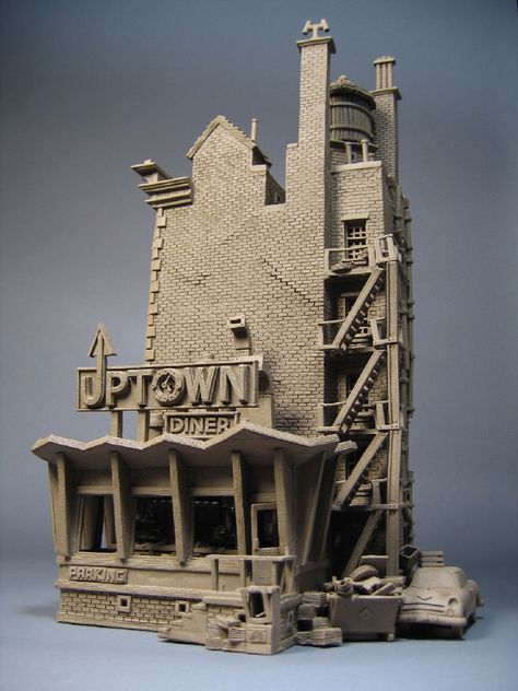 Brownstone 5 - John Brickels - Stoneware Clay Artist Clay City, Cartoon Building, Pole House, Building Crafts, Clay Artist, Architectural Sculpture, Clay Houses, House Illustration, Cardboard Art