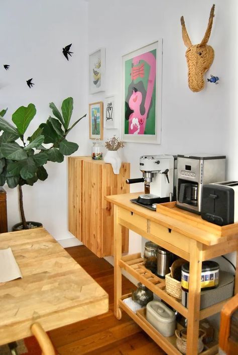 13 Smart, Small-Space Coffee Bar Ideas That Don’t Sacrifice Style | Apartment Therapy Small Breakfast Bar, Coffee Bar Cart, Living Arrangements, Credenza Decor, Lisbon Apartment, Coffee Bar Station, Coffee Bar Ideas, Coffee Stations, Coffee Cart