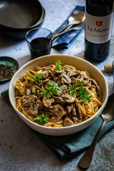 Ostrich and Mushroom Stroganoff - by Hein van Tonder, awarded food photographer & stylist Roasted Pepper Salsa, Ostrich Meat, Slow Roast Lamb, Mushroom Stroganoff, Mushroom And Onions, South African Recipes, Pasta Dinner Recipes, Food Photographer, Food Blogs