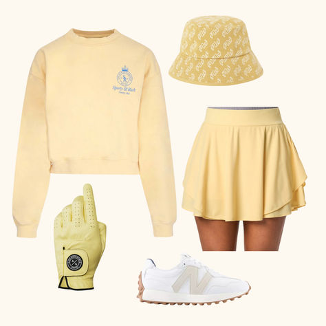 Yellow Golf Skirt | Malbon Bucket Hat | New Balance Golf Shoes | Sport & Rich | Outfit Ideas Golf Inspo Outfits, Bucket Hat Golf Outfit, Colorful Tennis Shoes Outfit, Golf Theme Party Outfit Women, Fun Golf Outfits For Women, Preppy Golf Outfit, Women’s Golf Outfits Cute, Cute Golf Outfits Women, Florida Fits