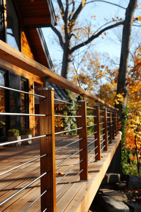 19 Deck Railing Ideas (Types, Questions, Best Materials & Tips) Patio Banister Railing Ideas, Mountain Deck Ideas Outdoor Living, Deck With Railing Ideas, Metal Railing Deck, Deck Ballistrades, Simple Deck Railing Ideas, Small Upper Deck Ideas, Decking Material Ideas, Cabin Deck Railing Ideas