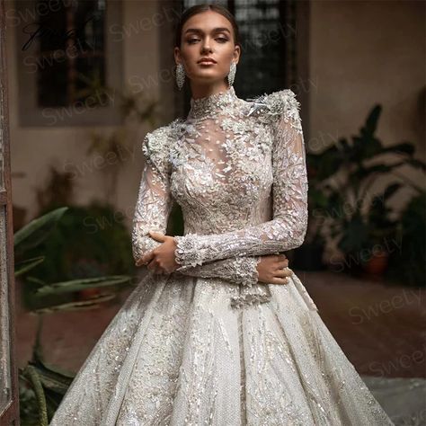 Luxurious Wedding Dress Organza With Embroidery With Beading Ballgown Highneck Fullsleeve Church