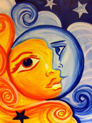 Painting Workshop: "Sun and Moon" Image Zen, Sun Painting, Moon Painting, Seni Cat Air, Celestial Art, Painting Workshop, Canvas Painting Diy, Sun Art, Lukisan Cat Air