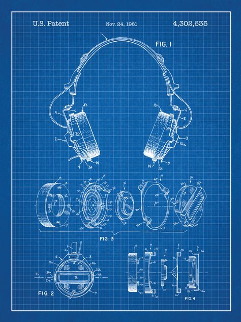 Koss Headphones, Graphic Art Poster, Blueprint Drawing, Blue Grid, Patent Art Prints, Motifs Textiles, Blueprint Art, Textil Design, Industrial Design Sketch