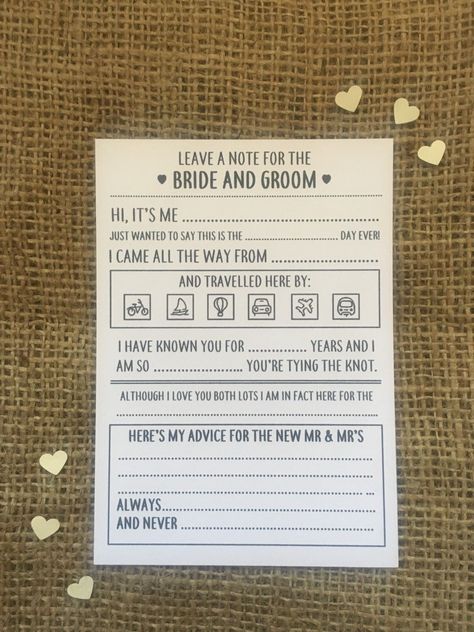 You are purchasing a set of 10 wedding words of wisdom/trivia cards. These are printed onto high quality white card (160gsm) and are A6 in size. These are a fantastic, quirky little item to add a bit of fun to your special day. An ideal size to place on tables for guests to fill in and a lovely keepsake to look back on in years to come. The cards contain fun questions about the wedding its self and a section where guests can offer their advice/wishes for the happy couple. We aim to dispatch within 2-3 working days, free standard delivery will be 2nd Class Royal Mail.  Please note this is not a tracked service and estimated delivery dates are not guaranteed. The item will be posted in a hard backed envelope to avoid any damage during the delivery process. These cards are also available in w Wedding Words, Wedding Trivia, Midsummer Dream, Fun Questions, Wedding Types, Quirky Wedding, Wedding Activities, Advice Cards, Wedding Games