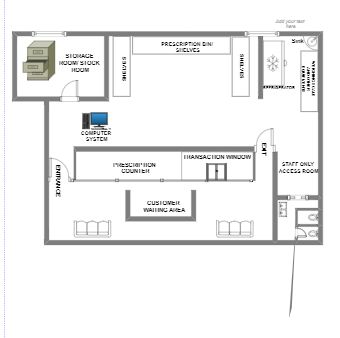 This is a floor plan designed for pharmacy. It displays the layout and arrangement of the entire area, including different rooms, the placement of shelves, computer, refrigerator, etc., as well as the location of doors, windows and other features. Check this template to know more details or learn more from EdrawMax templates gallery. Hospital Layout Floor Plans, Pharmacy Layout Plan, Pharmacy Floor Plan, Pharmacy Layout, Pharmacy Design Ideas, Hospital Floor Plan, Hospital Pharmacy, Floor Plan With Dimensions, Small Floor Plans