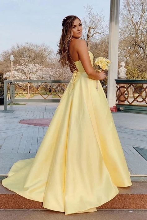 Formal Dresses Yellow, Yellow Formal Dresses, Scandalous Dresses, Yellow Satin Prom Dress, Yellow Prom Dress Long, Year 10 Formal Dresses, Prom Yellow, Light Yellow Dress, Yellow Prom Dresses