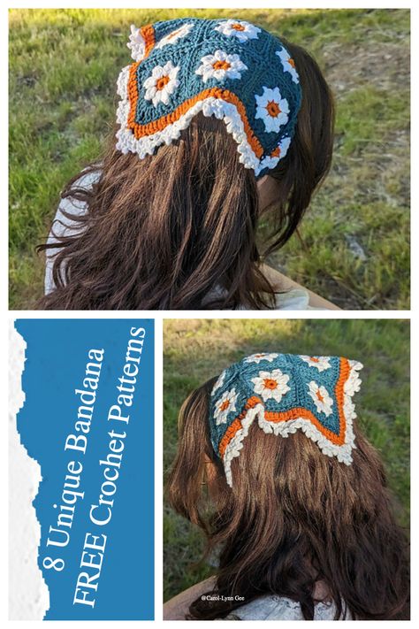 8 Bandana FREE Crochet Patterns Floral Bandana Crochet Pattern, Crochet Hair Handkerchief Pattern, Daisy Bandana Crochet Pattern, Crochet Hankercheif Pattern, Hair Scarf Crochet Pattern Free, Crotchet Hair Bandana, Simple Crochet Bandana, Crochet Boho Head Scarf Pattern Free, Crochet Skull Bandana Pattern Free