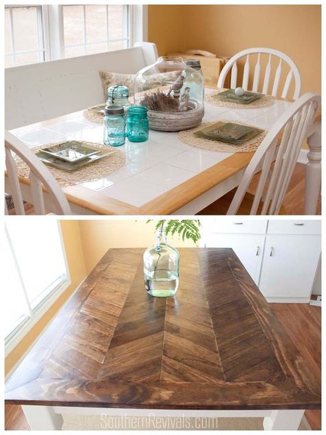 Tile Top Makeover | DIY Wood Herringbone Table #tablemakeover #furnituremakeover #diy SouthernRevivals.com Wood Table With Tile Top, Redo Tile Table Top, Wood Herringbone Table Top, Tile Kitchen Table Makeover, Table Staging Ideas Dining, Tile Dining Room Table, Redo Table Top Diy Ideas, Tiled Kitchen Table, Wood And Tile Table