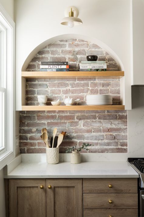 Shannon Tate, Small Corner Cabinet, Kitchen Shelf Decor, Brick Kitchen, Comfortable Kitchen, New Countertops, Kitchen Redesign, Upper Cabinets, Custom Kitchen