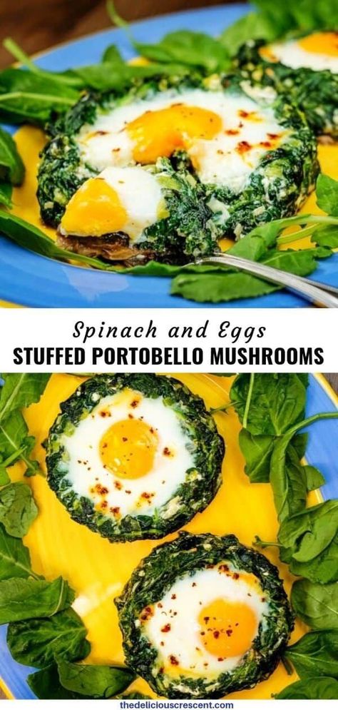 Spinach And Eggs, Egg And Spinach, Stuffed Portobello Mushrooms, Egg In A Hole, Stuffed Portobello, Spinach Egg, Vegetarian Dish, Low Carb Appetizers, Sauteed Spinach