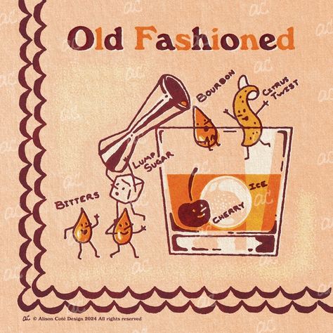 Old Fashioned - Downloadable Cocktail Art | Patreon Cocktail Posters Aesthetic, Old Fashioned Drink Aesthetic, Old Fashioned Cocktail Aesthetic, Drinking Graphics, Vintage Cocktail Illustration, Cocktail Art Illustration, Brenton Wood, Cocktail Signs, Cocktail Party Decor