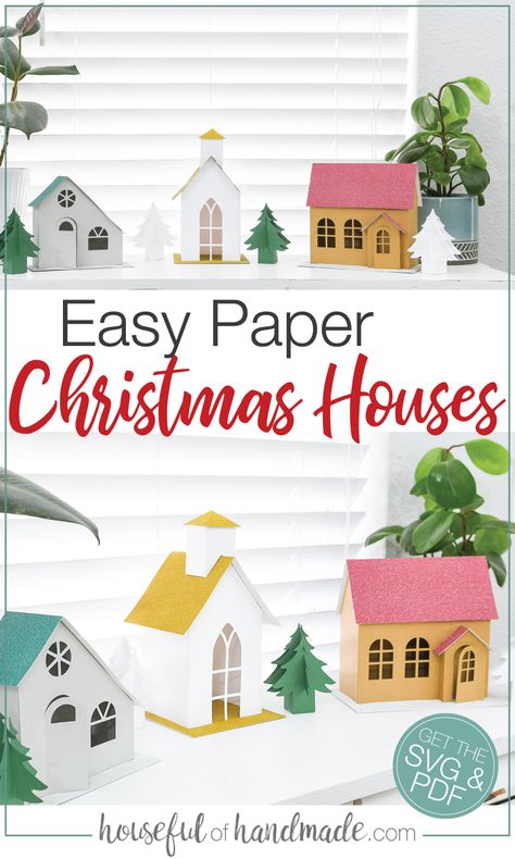 Decorate for Christmas with a fun paper Christmas village! These 3 paper houses are inspired by the Putz red-brick, cardboard houses. Matching paper Christmas trees included! Housefulhandmade.com