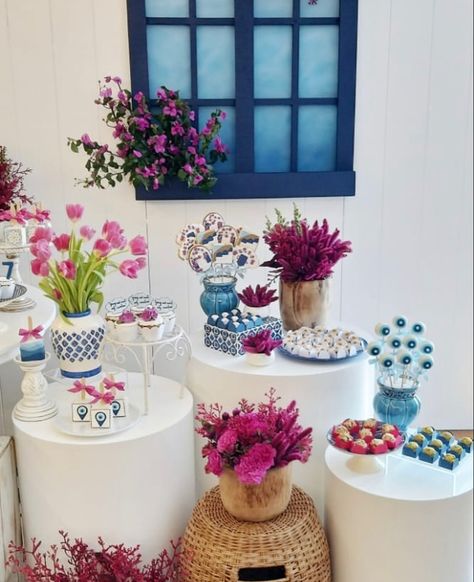 Mamma Mia Dessert Table, Mamma Mia Themed Sweet 16, Mamma Mia Shower Theme, Mama Mia Shower Theme, Mama Mia Centerpieces, Pink And Blue Party Theme, Mamma Mia Inspired Birthday, Mamma Mia Theme Bachelorette, Mamma Mia Baby Shower Ideas