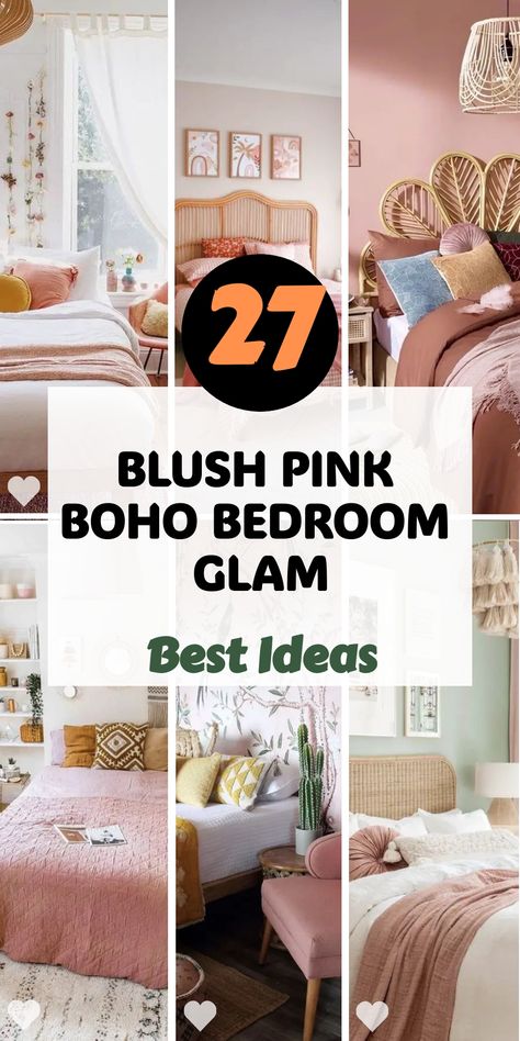 Redefine elegance with blush pink boho bedroom glam and a mix of cream and sage green. This bedroom uses grey paint colors and minimalist decor to craft a space thats both inviting and stylish. Learn how to enhance your bedroom with subtle yet impactful colors. Beige Pink Boho Bedroom, Boho Chic Bedroom Pink And Gold, Blush Pink Boho Bedroom, Boho Pink Bedding Twin Bed, Pink Boho Bedroom Ideas, Boho Rattan Bedroom Pink, Pink Boho Bedroom, Soft Curtains, Pink & Tan Bedding