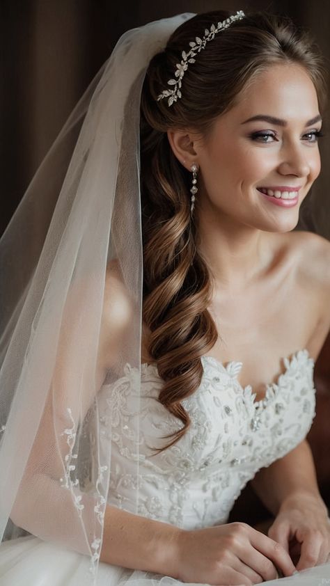 Discover inspiring Wedding Hairstyles with Veil Ideas for your special day From elegant Down Hairstyles to Vintage Updos Tiara and Crown styles Bun to Korean-inspired Curly looks explore Simple Ponytail Bob Long and Short options Whether you're a fan of timeless styles or trendy twists find the perfect hairstyle to complement your wedding attire here Bridal Headband With Veil Updo, Wedding Bride Hair Down, Long Hair Wedding Styles With Veil Brides Hairstyle Ideas, Elegant Down Hairstyles, Wedding Hairstyles Crown, Wedding Hair With Crown, Wedding Hairstyles With Veil Updo, Ponytail Bob, Vintage Updos