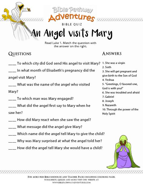 Enjoy our free Bible Quiz: An Angel visits Mary. Fun for kids to print and test their knowledge. Printable Homeschool resources and activities. Angel Visits Mary, Biblical Characters, Printable Bible Activities, Adventure Bible, Bible Heroes, Bible Worksheets, Bible Questions, Bible Quiz, Bible Activities For Kids