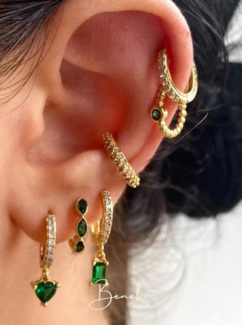 Gold And Green Earring Set, Green Ear Piercings, Green Earring Set, Heart Huggies, Emerald Green Jewelry, Hoop Earring Set, Cool Ear Piercings, Pretty Ear Piercings, Emerald Green Earrings